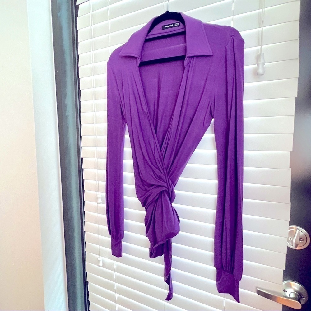 Patty Boutik Purple Collared Wrap Tie Long Sleeve Blouse Top!